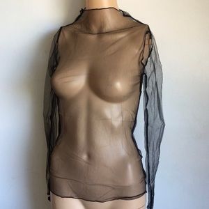 Y2K High Neck Black Sheer Tulle Long Sleeve Top